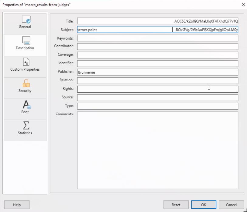 Document properties showing hidden values